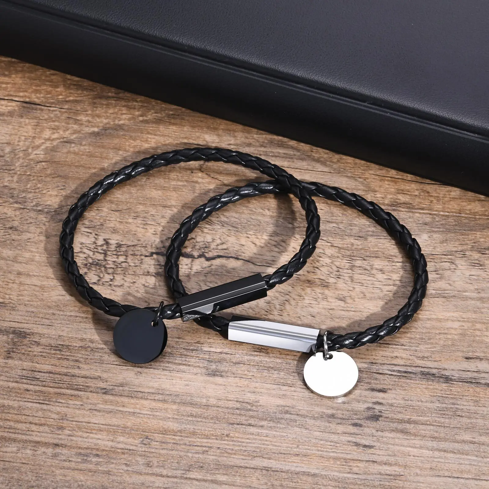 Vnox Free Custom Name Bracelets for Men Women, Small Coin Charm Wristband, Couple Promise Jewelry Gift