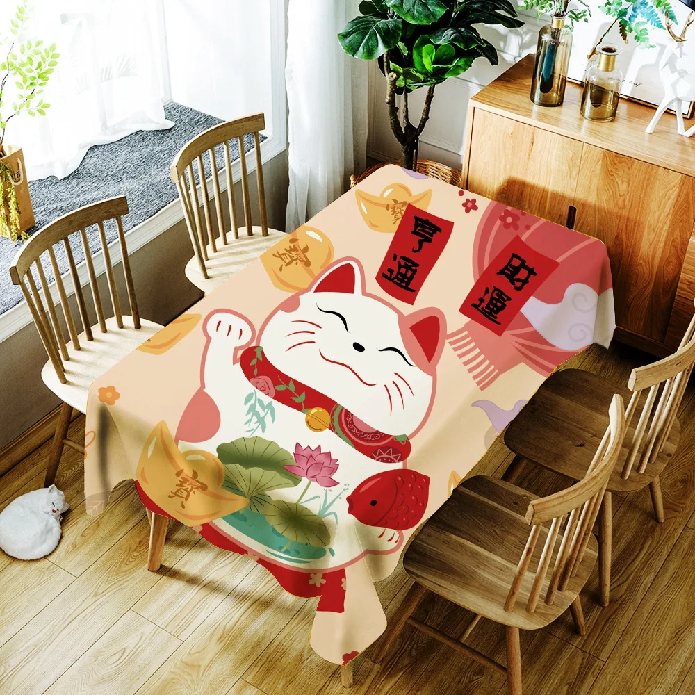 Cartoon Lucky Cat and Fish Printing Tablecloth Japanese Style Waterproof Table Cloth for Wedding Decoration Party Table Cover