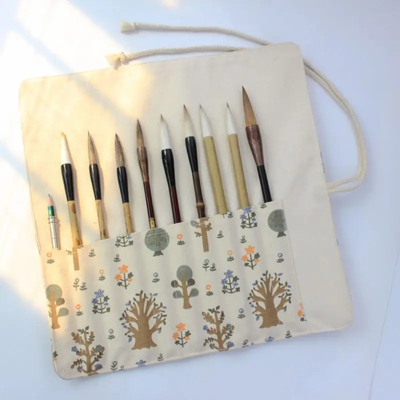 

Canvas Oil Paint Brush Roll -Gouache Watercolor Pen Case 10-Hole Calligraphy Brush Insert Pouch Roll-Up Pen Bag Storage Bag