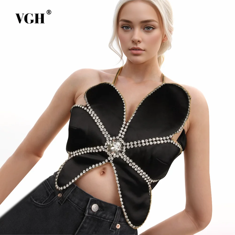 

VGH Solid Patchwork Diamonds Sexy Tank Tops For Women Halter Sleeveless Backless Spliced Lace Up Vests Female Clothing Fashion