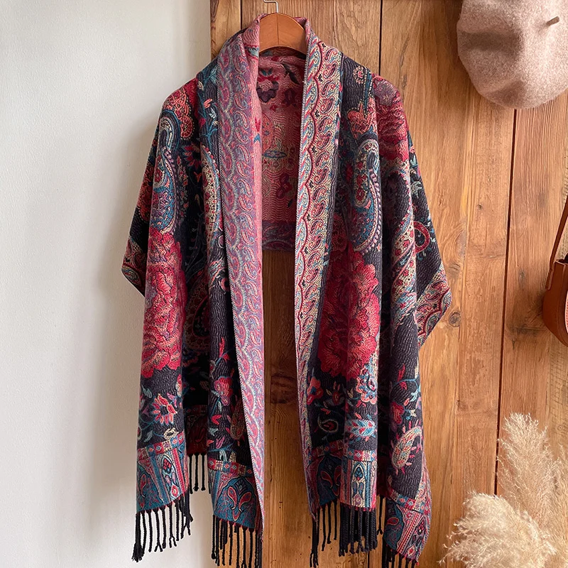 Ethnic Style Outdoor Travel Women Paisley Jacquard Scarf Thick Cashmere Tassel Shawl Winter Warm Neck Wrap Pashmina Floral