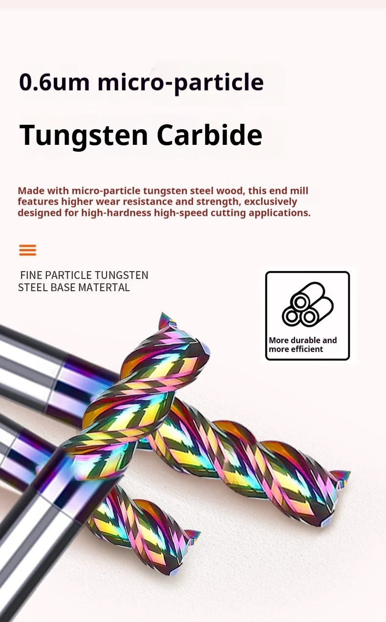 Farbiger Hochglanz-Aluminiumlegierungs-Wolframstahl-Fräser mit D4 D10 D20 3 Schneiden für Luftfahrt-Aluminium U-förmige Nut – Detail 3