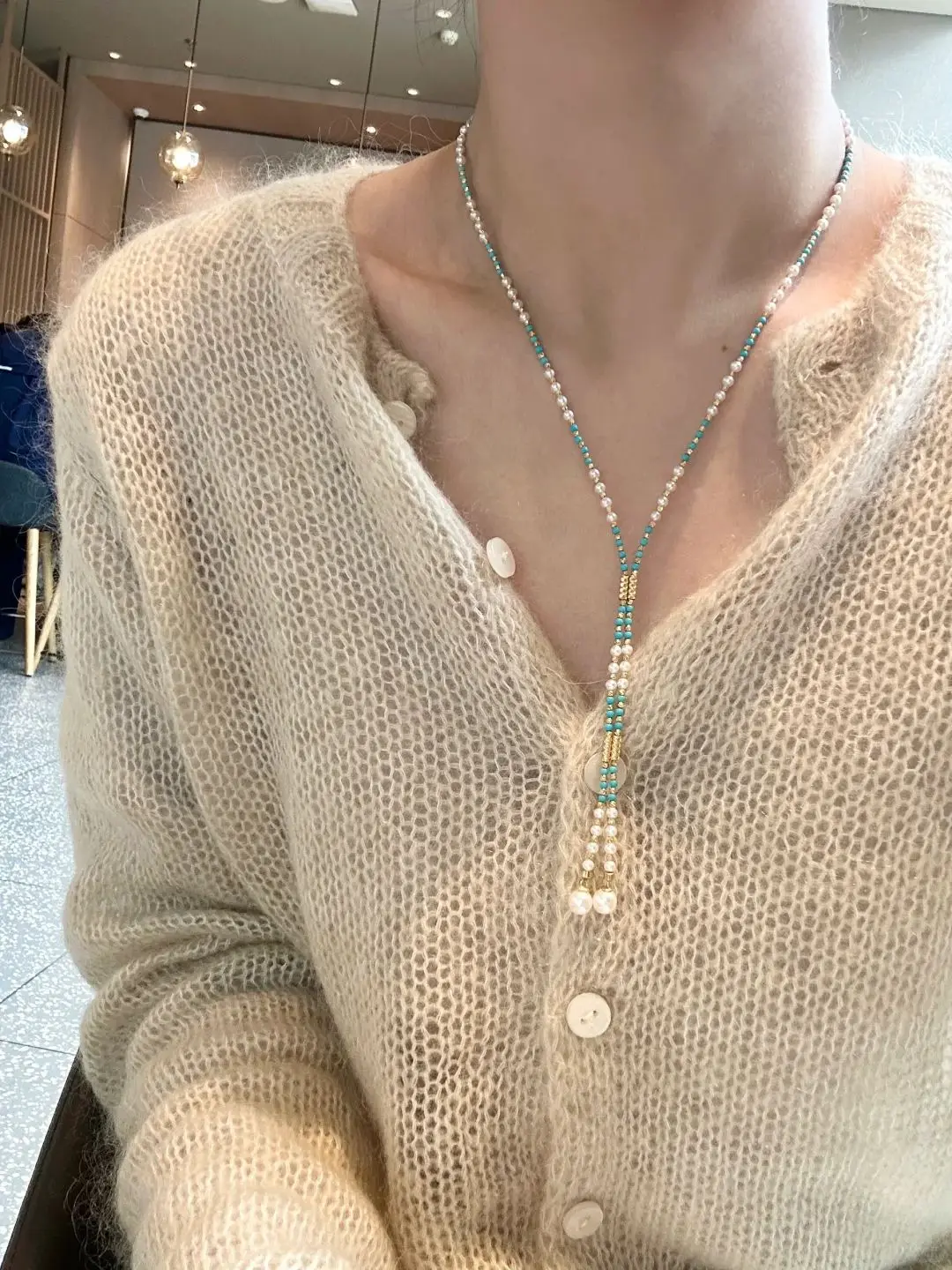 Chinese Style Lucky Blessing 3-7mm Freshwater Pearl Turquoise Gold Plated Silver 58cm Multi Use Necklace Bracelet Magnetic Clasp