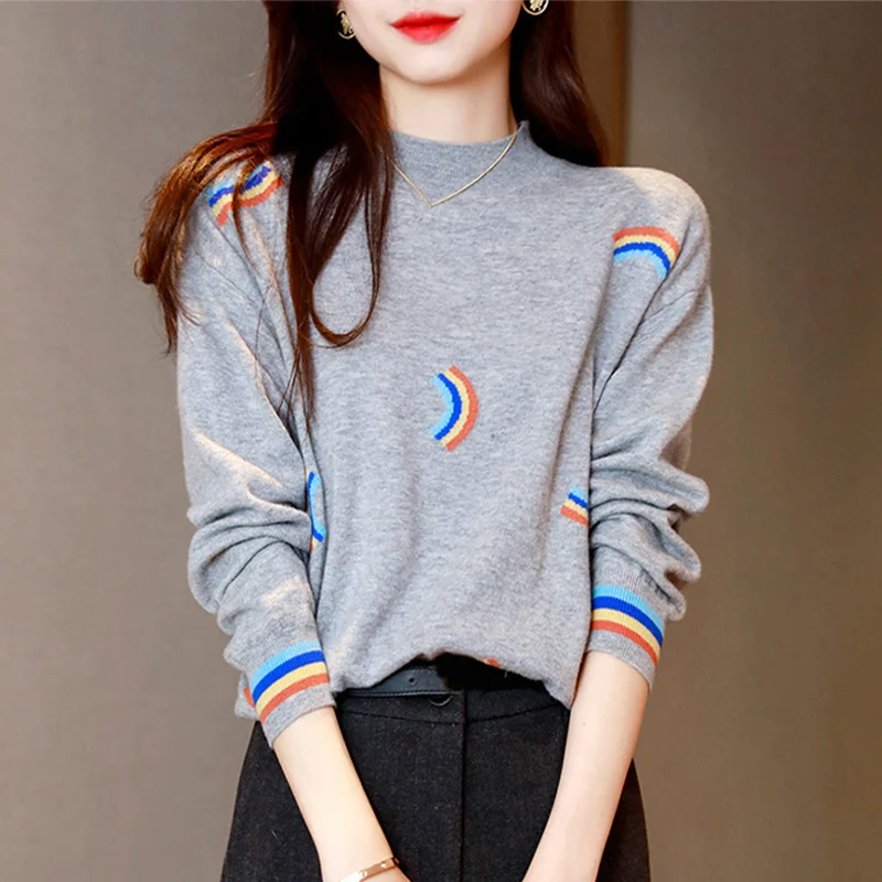 

Loose Long Sve f High Collar Knitwear Women's Autumn Winter New Sle Casual Loose Fit Rainbow Intarsia Base irt