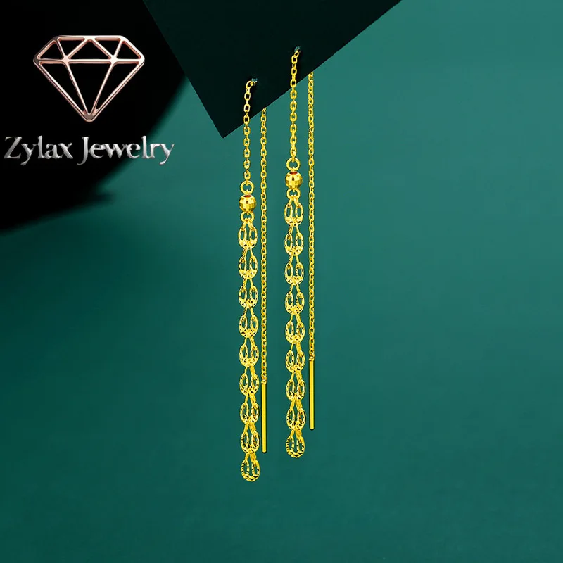 Zylax Jewelry Luxury 24K 9999 Pure Gold real gold Hollow-out Phoenix Tail Tassel Ear Line Women's Eardrop Ear Line