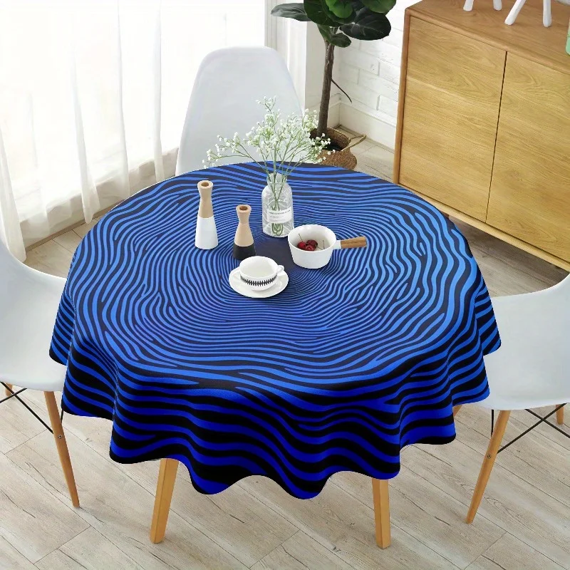 One black and blue geometric circular tablecloth, polyester fiber tablecloth.