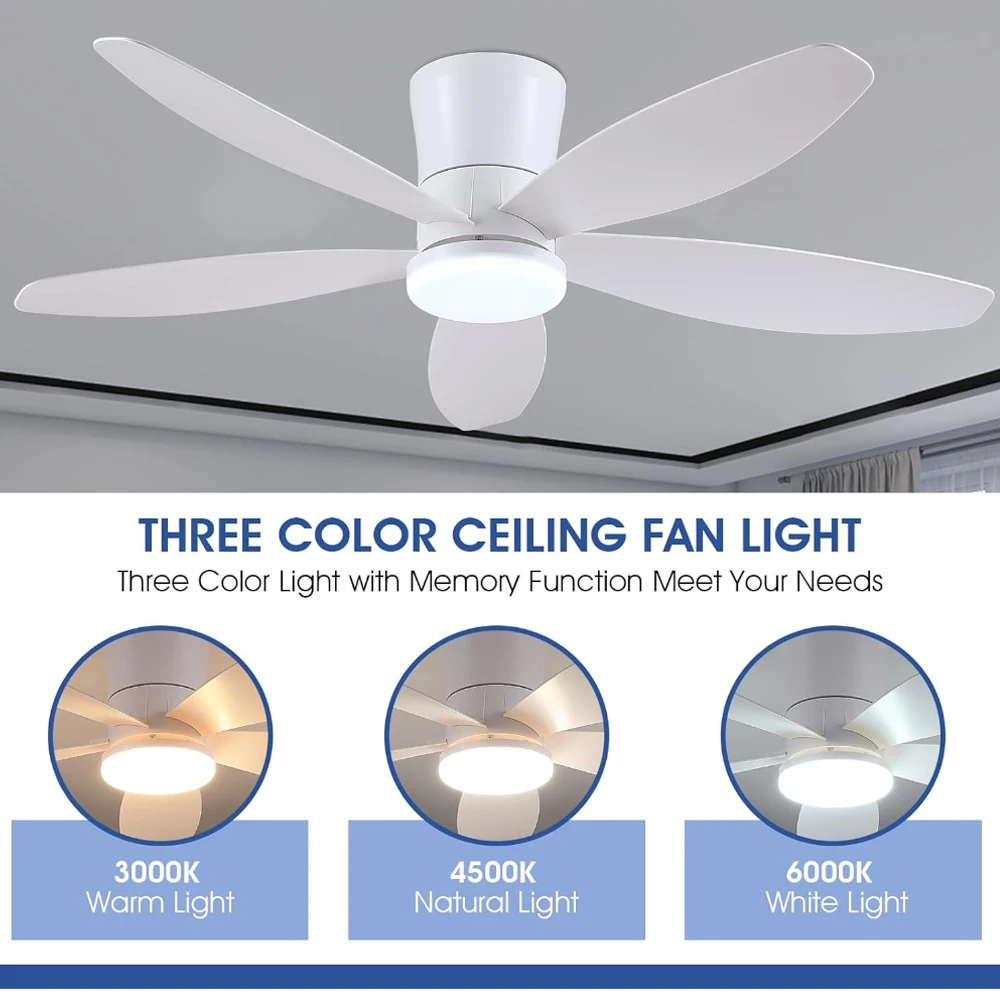 Ventilatore da soffitto a basso profilo con luce e telecomando, dimmerabile e silenzioso, adatto per camere da letto e cucine.
