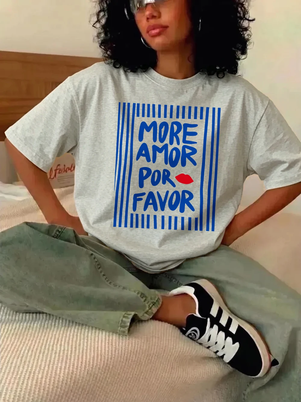 More Amor Por Favor Prints T-Shirts Womens Cotton Summer Oversized Tops Basic O-Neck Short Sleeve T Shirt Street Soft Clothes