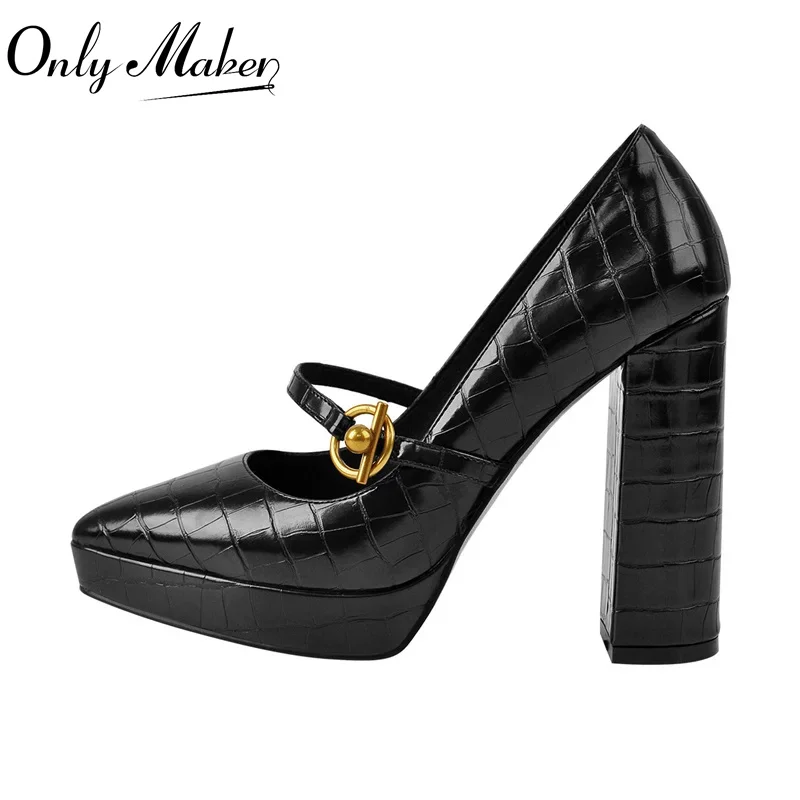 Onlymaker Women Chunky High Heel Pointed Toe Low Platform Stone Texture Slip On Golden Button Decoration Spring Pumps