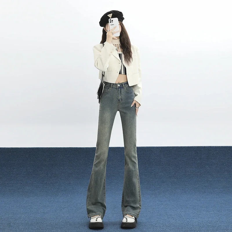 สาวแฟชั่นกางเกงยีนส์เอวสูงเสื้อผ้าผู้หญิงสุภาพสตรี Casual Streetwear Lim-Fit DENIM กางเกงหญิง VINTAGE Bell-bottoms 2