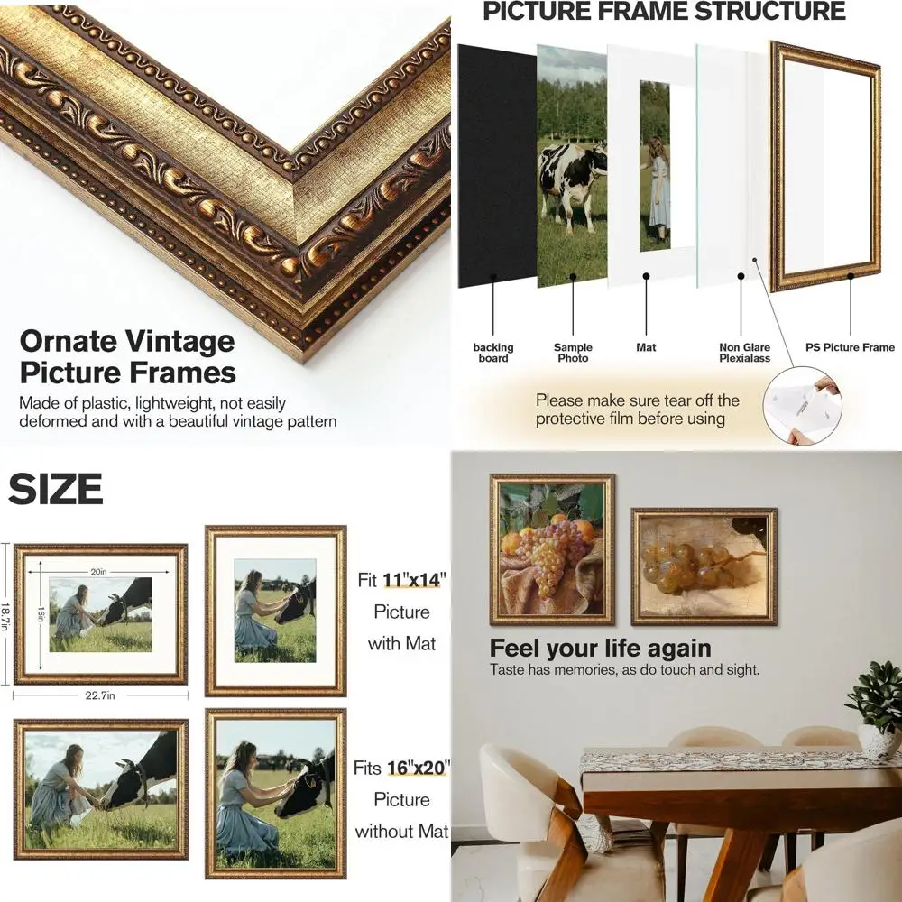 

Elegant Vintage Gold Picture Frame, 16x20 for Wall or Tabletop, Non-Glare Plexiglas, Fits 11x14 with Mat or 16x20 without Mat
