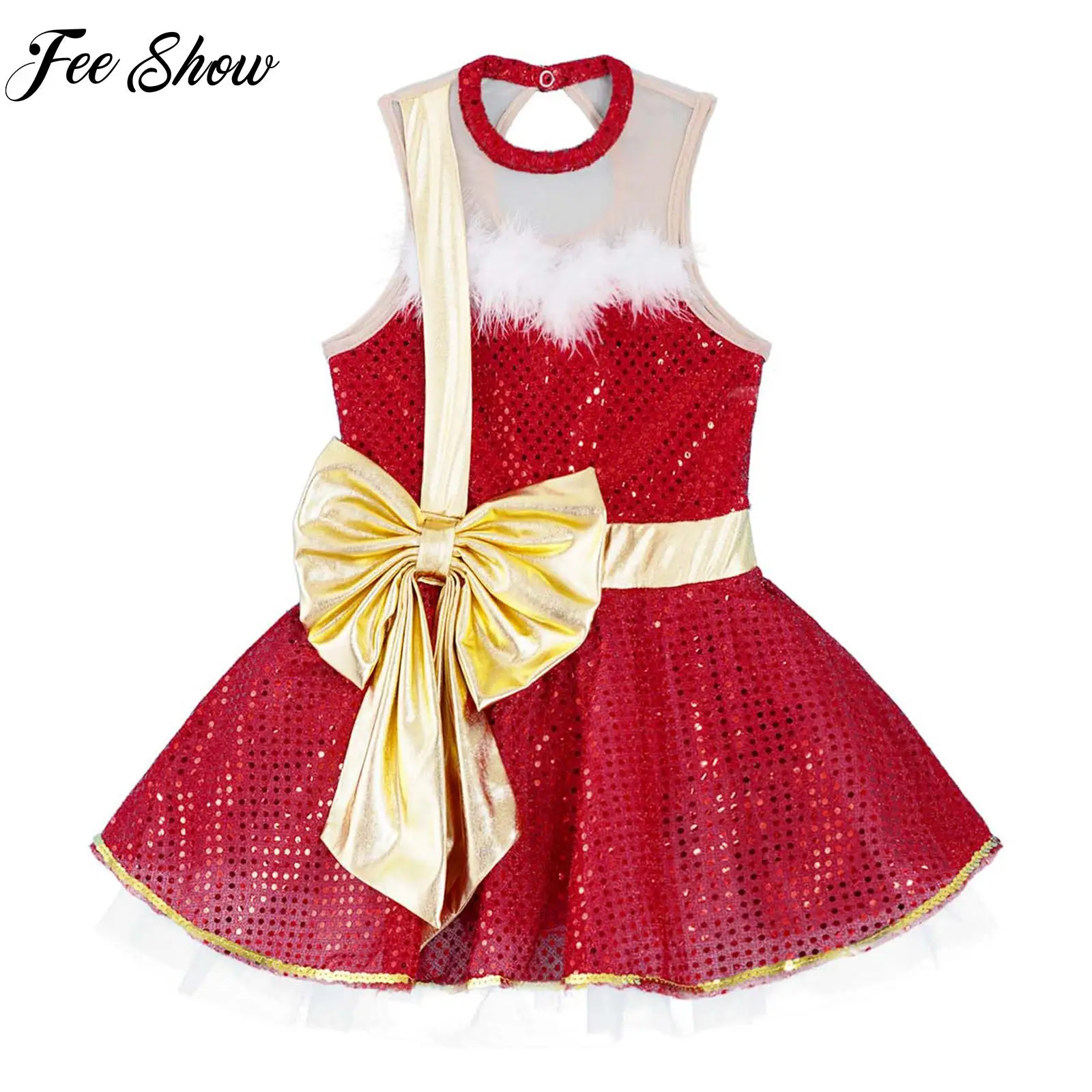 في سن المراهقة الفتيات Bowknot الترتر عيد الميلاد ملابس رقص الباليه الشكل التزلج توتو فستان مهرجان السنة الجديدة كرنفال حفلة Dancewear