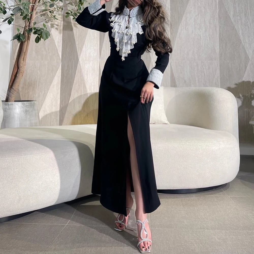 

Customized A-line Evening Dresses Abkle-length High-neck Full Sleeve Prom Gown Fashion Beading Draped Exquisite Party Gown