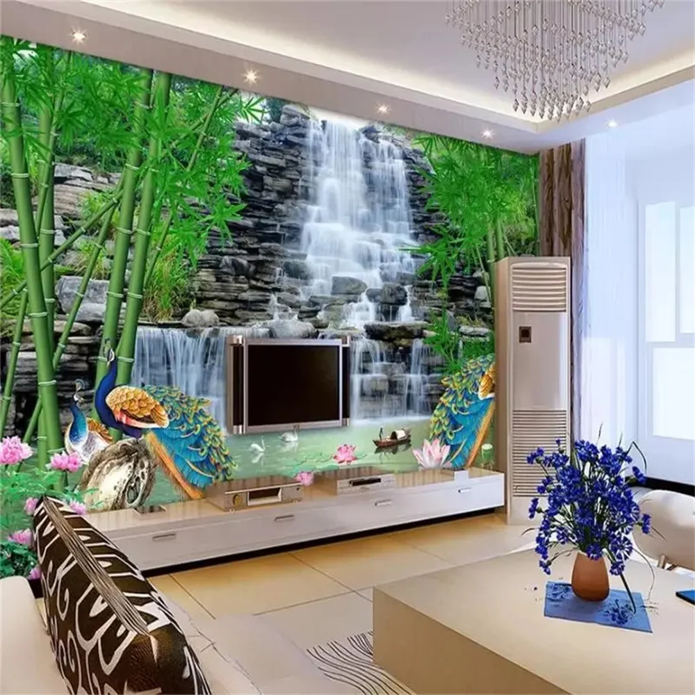 Papel de parede personalizado 3d mural floresta encantada paisagem fundo da parede sala estar hotel cachoeira bambu lótus pavão papéis de parede