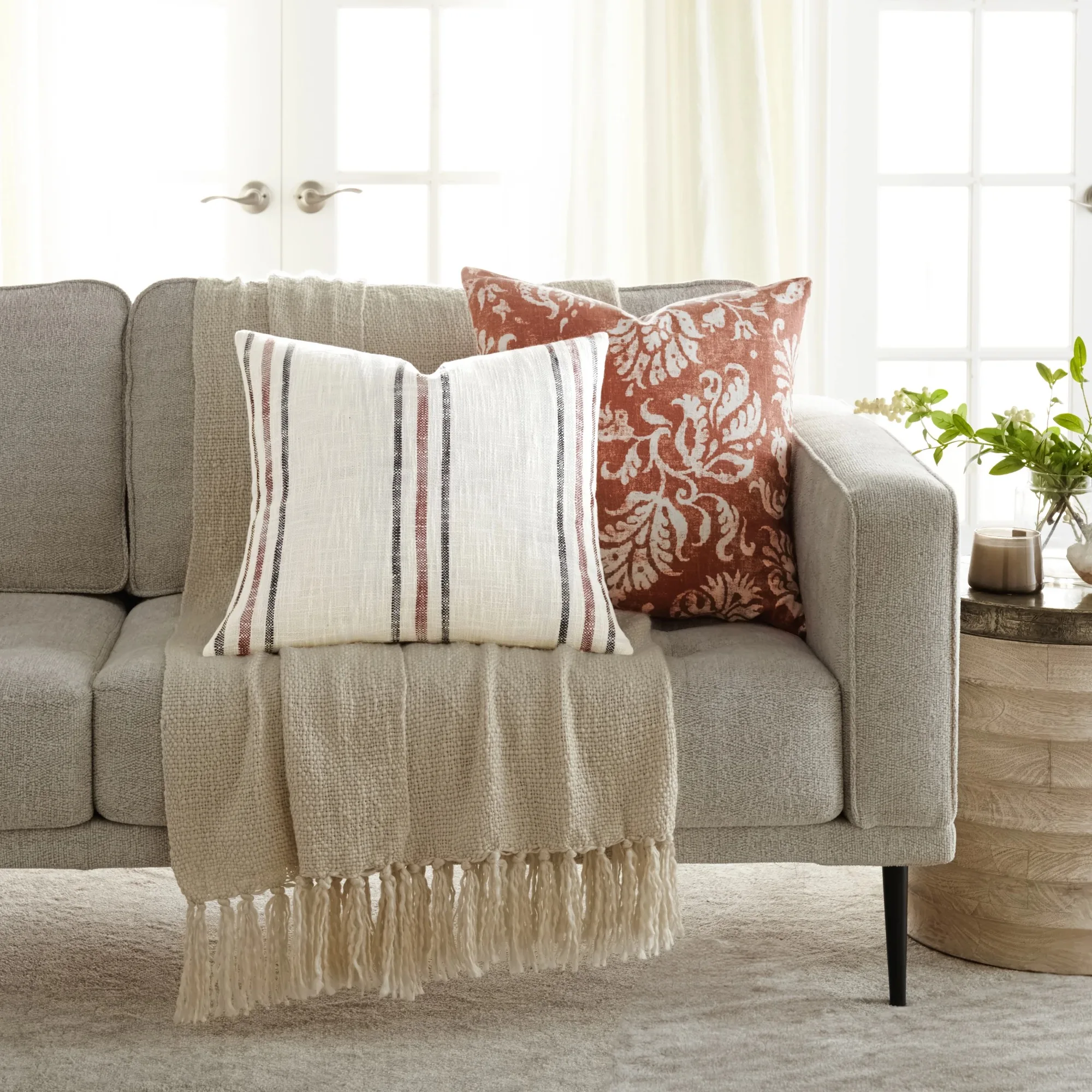

2-Pack Decor Throw Pillows Floral Terracotta and Yarn-Dyed Framed Stripe