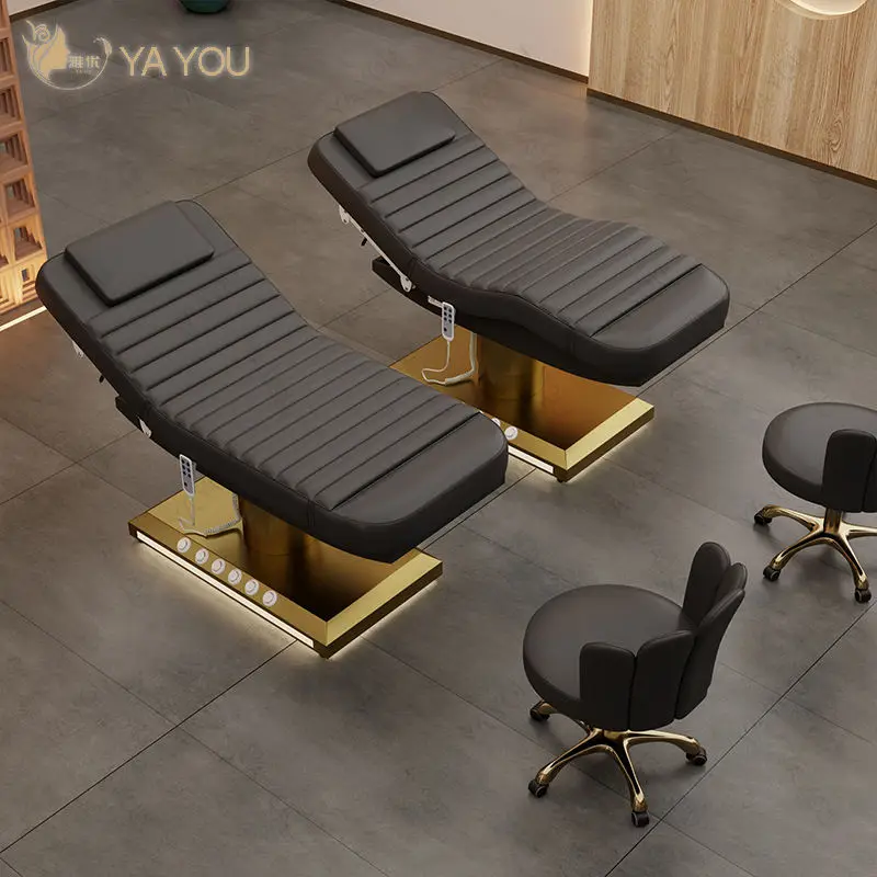 قاعدة من الفولاذ المقاوم للصدأ باللون الذهبي 3 محرك سرير تدليك تجميل من البولي يوريثان باللون الأسود مع تحكم في القدمين #3