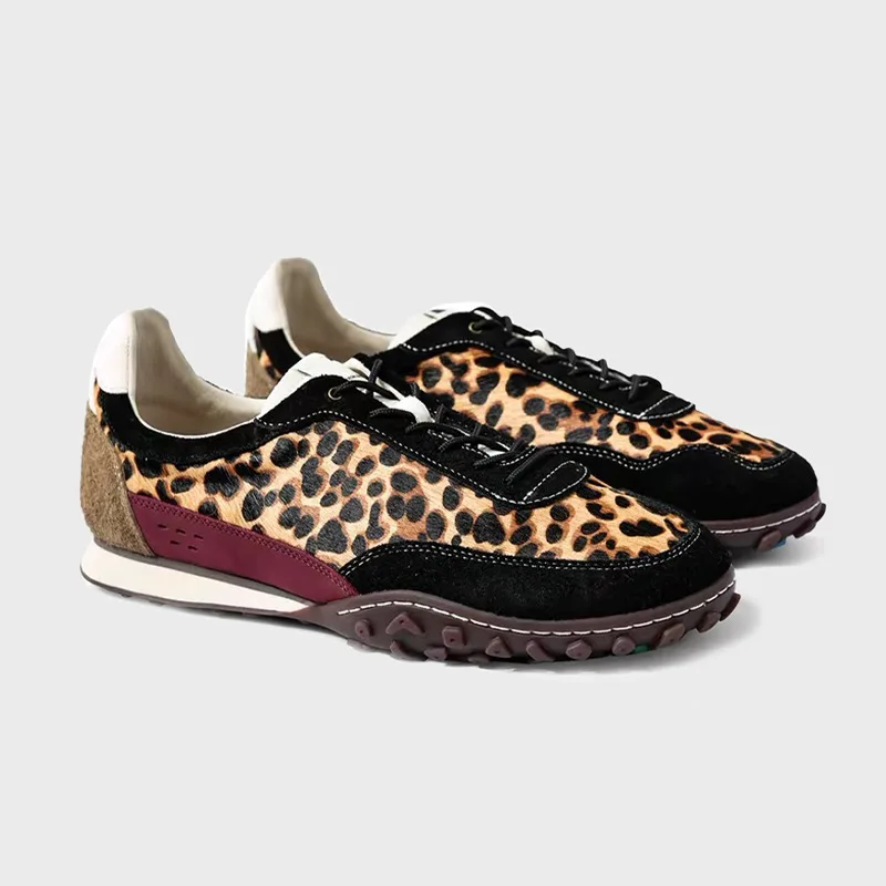 2026 Women's leopard print retro sports shoes patch suede lace casual shoes fashionable flat shoes walking sports shoes running