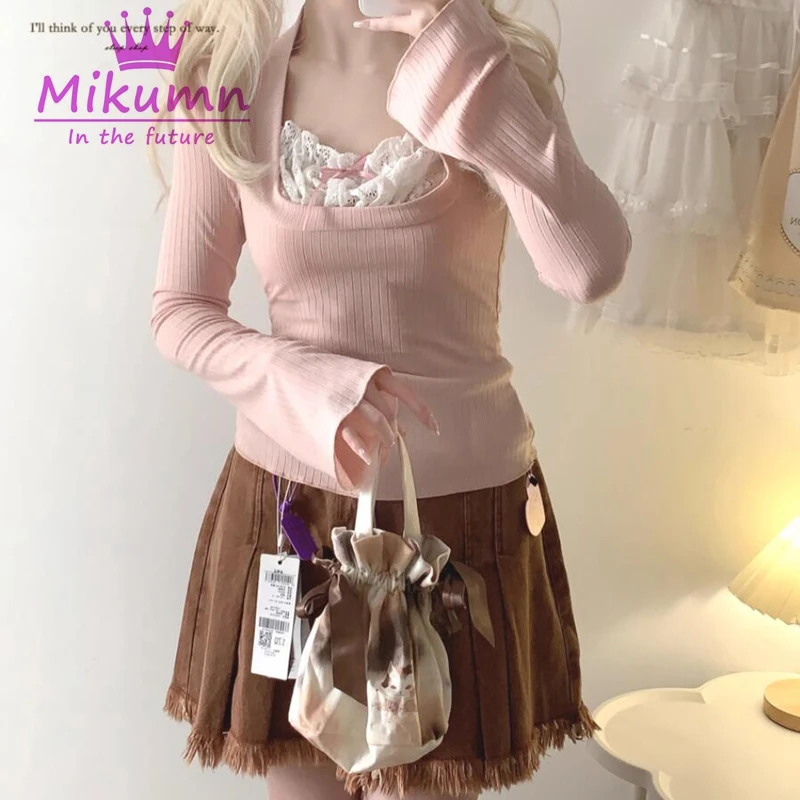 Mikumn Japanese Women T-shirt Y2k Aesthetics Lace Trim Long Sleeve Tee Shirt Harajuku Cute Slim Tops Kawaii Lolita T shirts