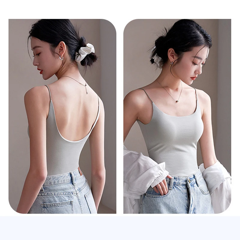 Women's Camisole Solid Color Youth Tank & Tops with Padded Bust Wireless Spaghetti Strap Base Layer Tops Female Camis C5554