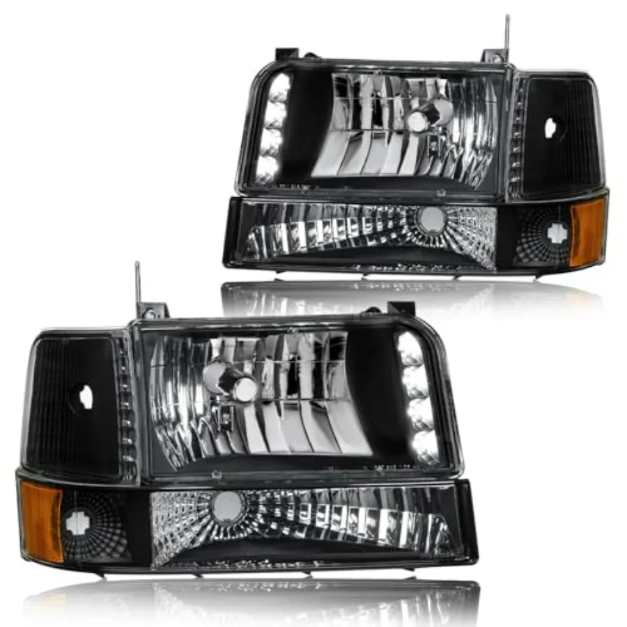 

LED Headlight Assembly Kit for 1992-1996 F150/F250/F350/Bronco with LED Bar Black Housing Amber Reflector