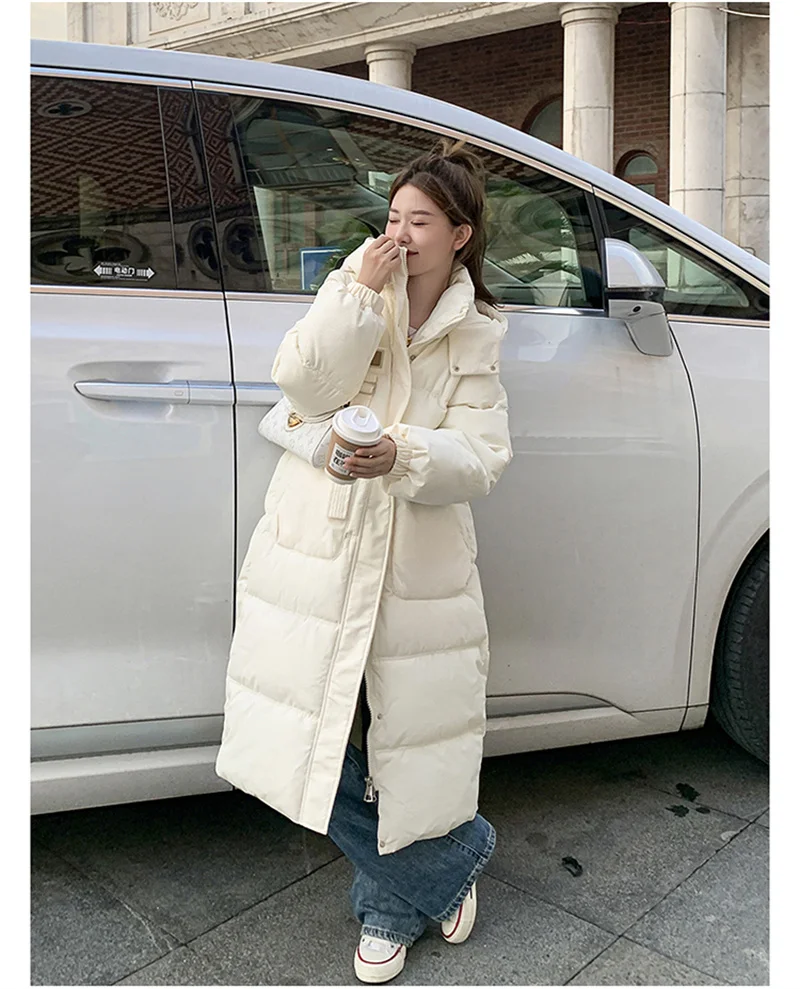 Winter New Cotton Dress Women Korean Version Loose Medium Length Over Knee Down Cotton Coat Live Hat Thickened Cotton Coat Coat