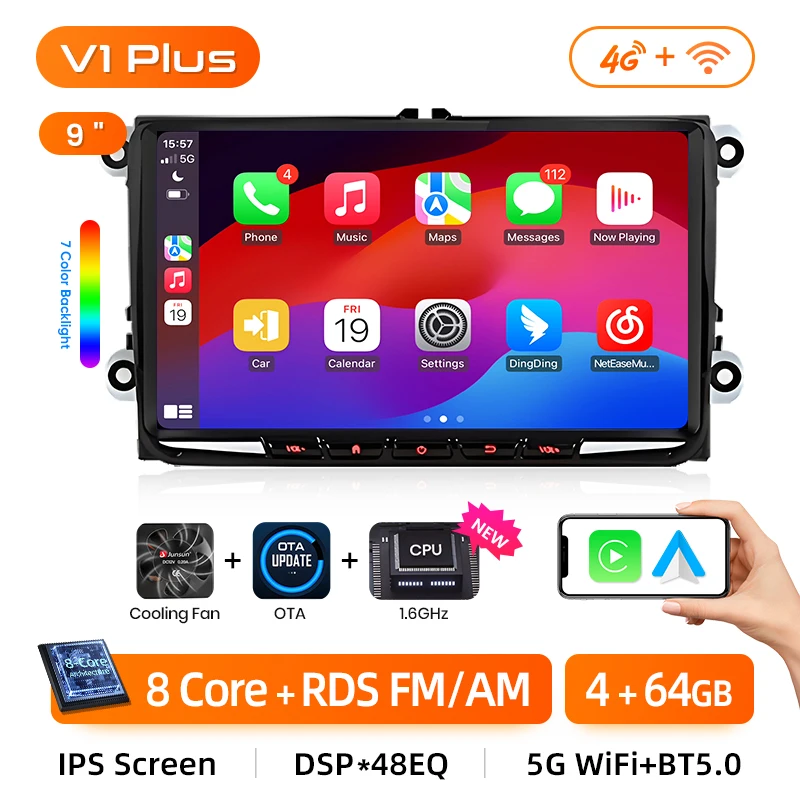 Junsun 9 "Android 13 Autoradio voor VW POLO GOLF Skoda PASSAT JETTA TIGUAN TOURAN Stereo GPS Multimedia Speler CarPlay 4G FM SWC