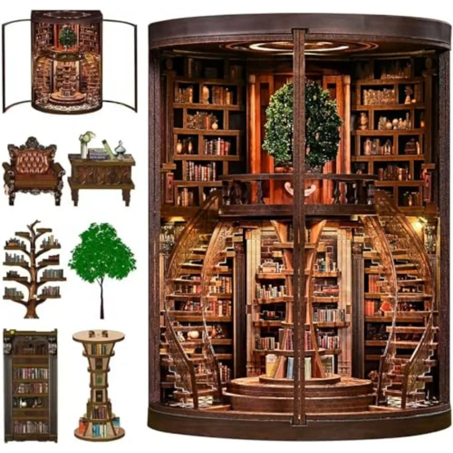 

Book Nook Kit: 3D Wooden Puzzle for Adults, DIY Miniature House with LED Light, Bookshelf Decor in Natural Wood Tone, Perfect G