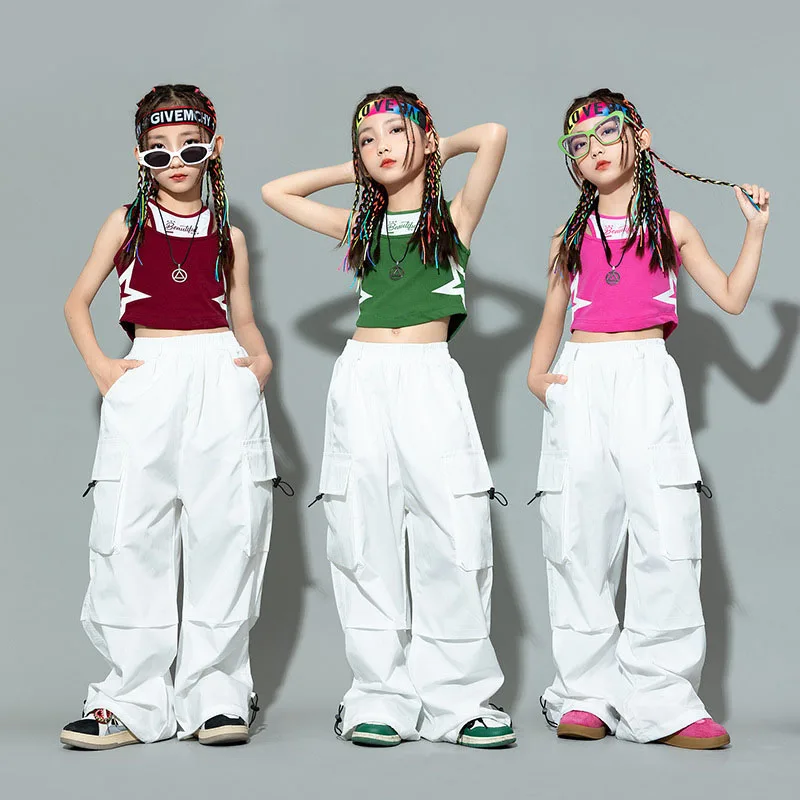 Kid Hip Hop Clothing Stars Double Shoulder Crop Tank Top White Casual Pockets Cargo Pants for Girl Jazz Dance Costumes Clothes