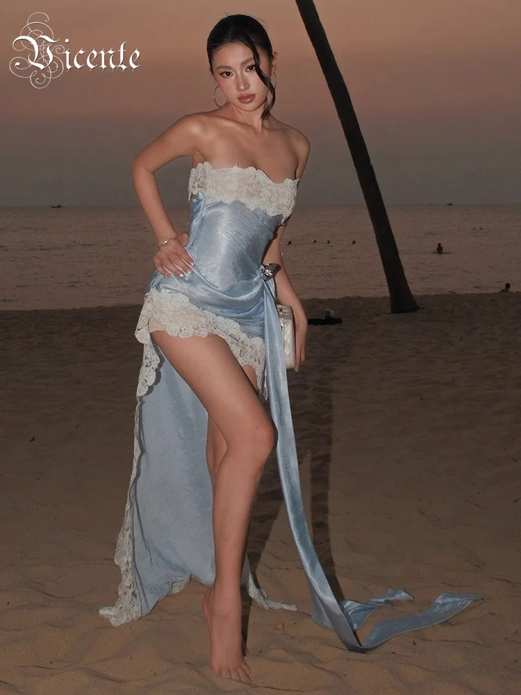 Light Blue Satin Strapless Mini‑Maxi Dress White Lace Trim Side Bow High‑Low Asymmetrical Hem Evening Party Prom Cocktail Dress