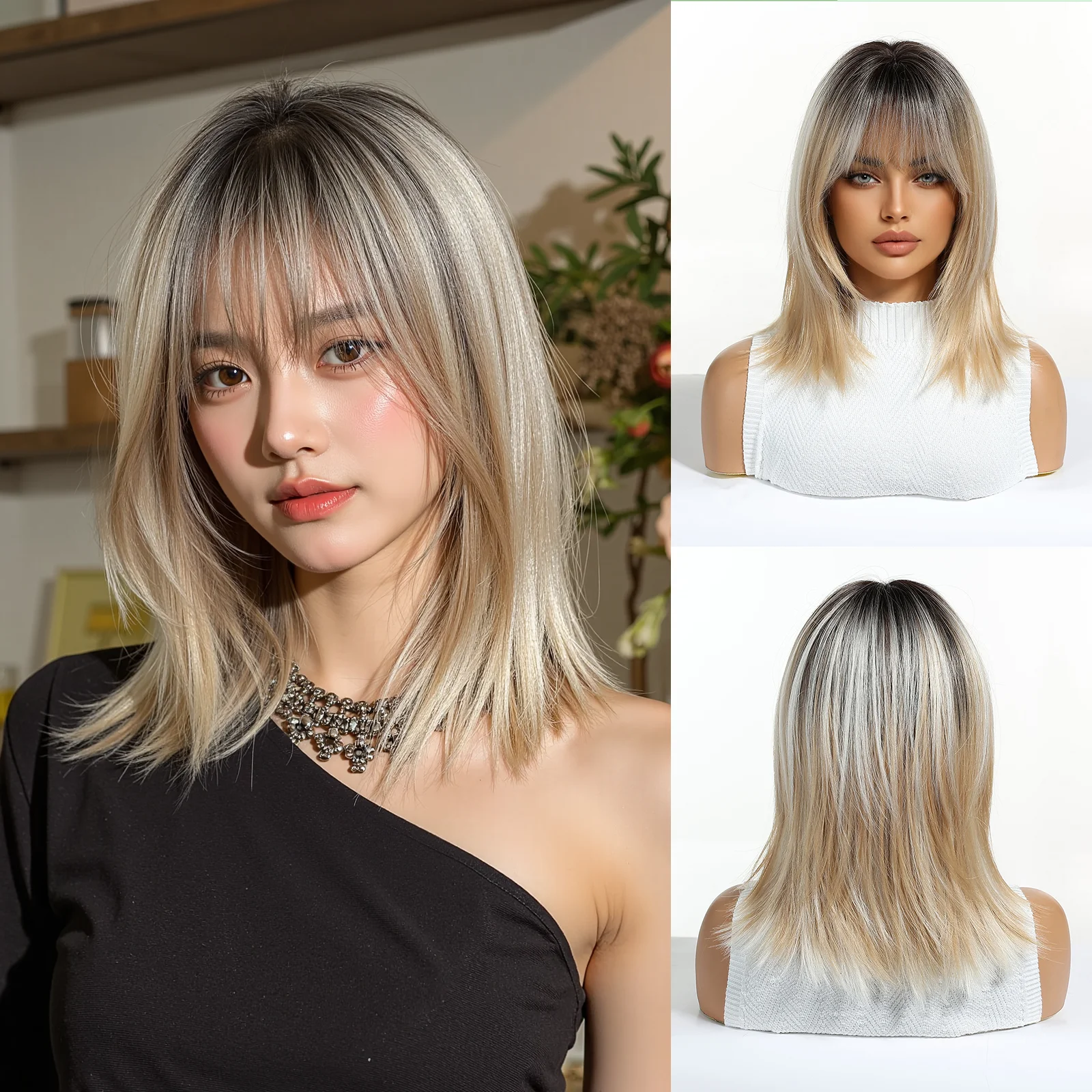 

Коричневые блондинки Ombre Синтетические парики Короткие прямые многослойные парики для женщин Афро термостойкие косплей Ежедневные натуральные волосы с челкой