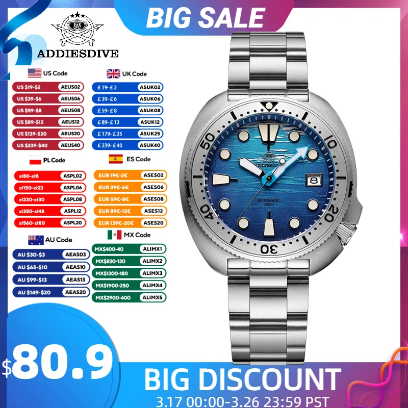 ADDIESDIVE Automatic Watch Man Mechanical NH35 Sapphire Sea Dial Stainless Steel BGW9 Luminous 200m Waterproof Diver Watch reloj