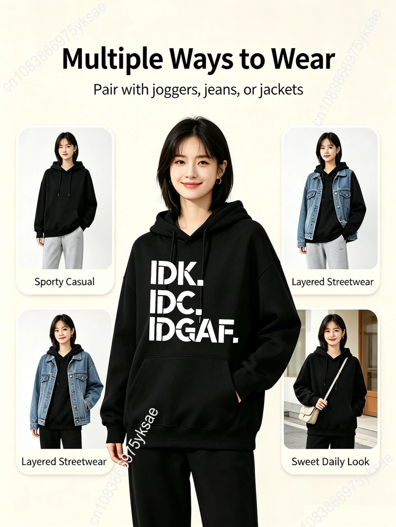 Übergroßer Streetwear-Hoodie mit Halloween-Textdruck „IDK IDC IDGAF“ für Herbst und Winter, Lounge-Wear – Detail 2