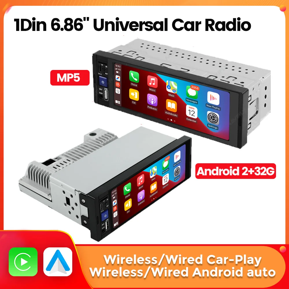 

1Din Универсальный 6,86-дюймовый экран Проводной беспроводной Carplay Android Auto MP5 Автомобильный радиоприемник Стерео Мультимедийный плеер BT FM Mirror Link Audio