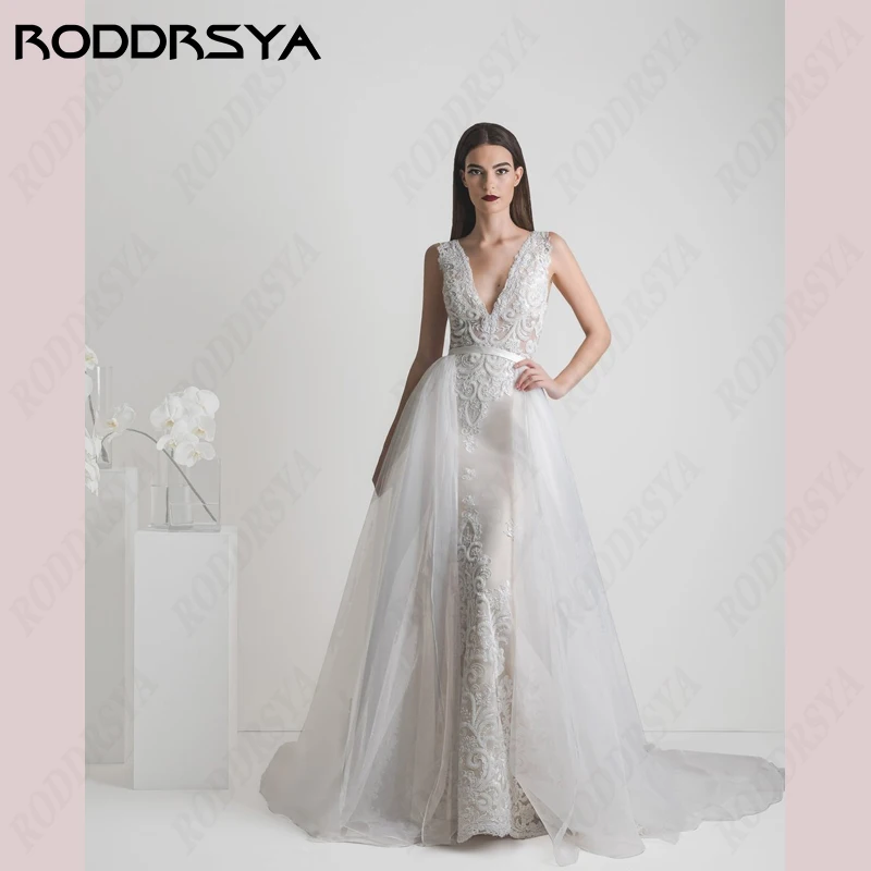 RODDRSYA V-Neck Sleeveless Mermaid Wedding Dress For Women Backless Removable Trail Robe De Soirée Lace Appliqued Bride Party