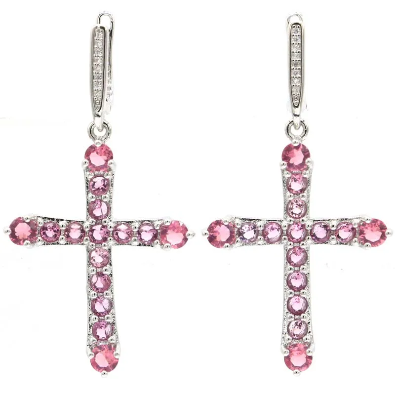

Buy 4 Get 1 Free 52x27mm Classic Long Cross Pink Morganite CZ Daily Wear Silver Dangle Earrings