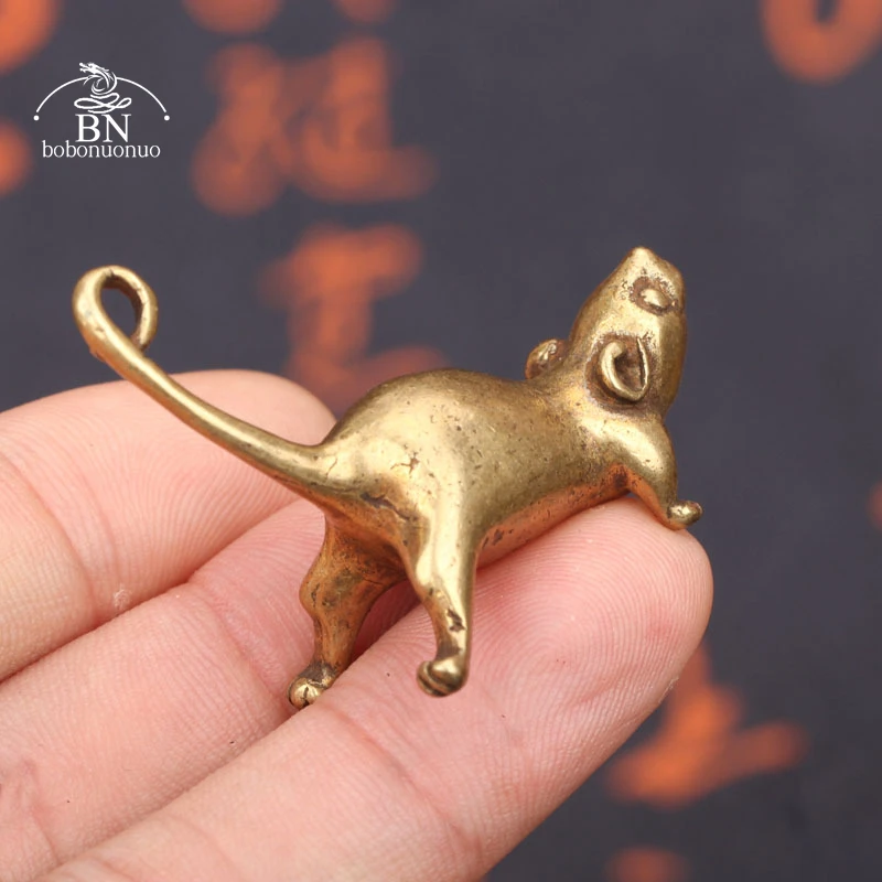 Ancient Brass Small Tea Pet Ornament Long Tail Cute Mouse Figurines Miniatures Copper Lucky Rat Study Living Room Decorations