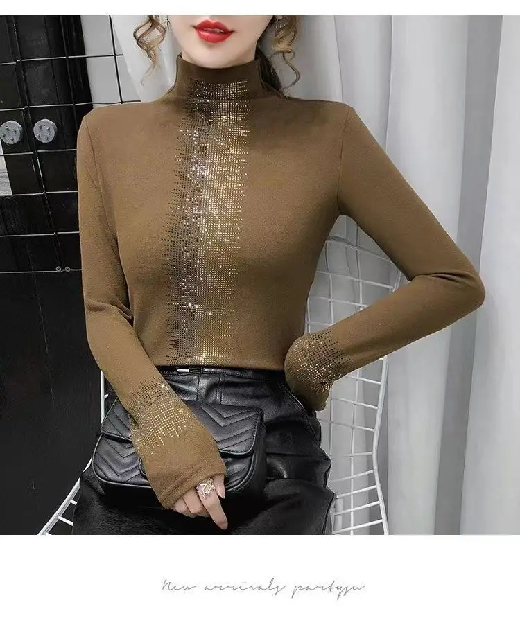 Autumn and Winter Plus Velvet Thickened Semi High Neck Slim Fit Fashionable Base Shirt New Topswomen\'s Fashion Trend T-Shirts