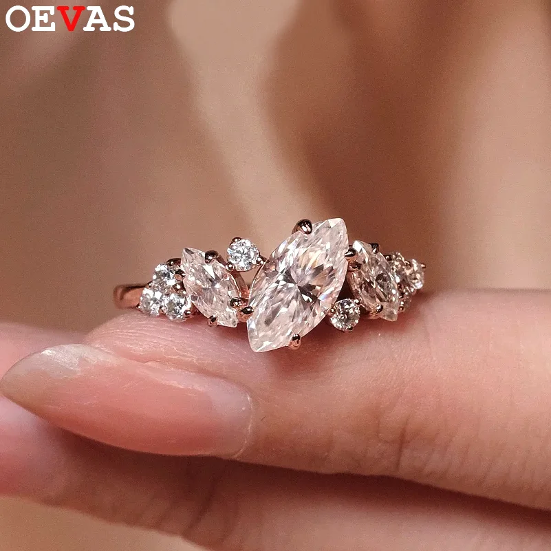 

OEVAS 1CT 5x10mm Marquise Cut Full Moissanite Ring for Women S925 Silver plated 18K Gold Lab Diamond Wedding Band Fine Jewelry