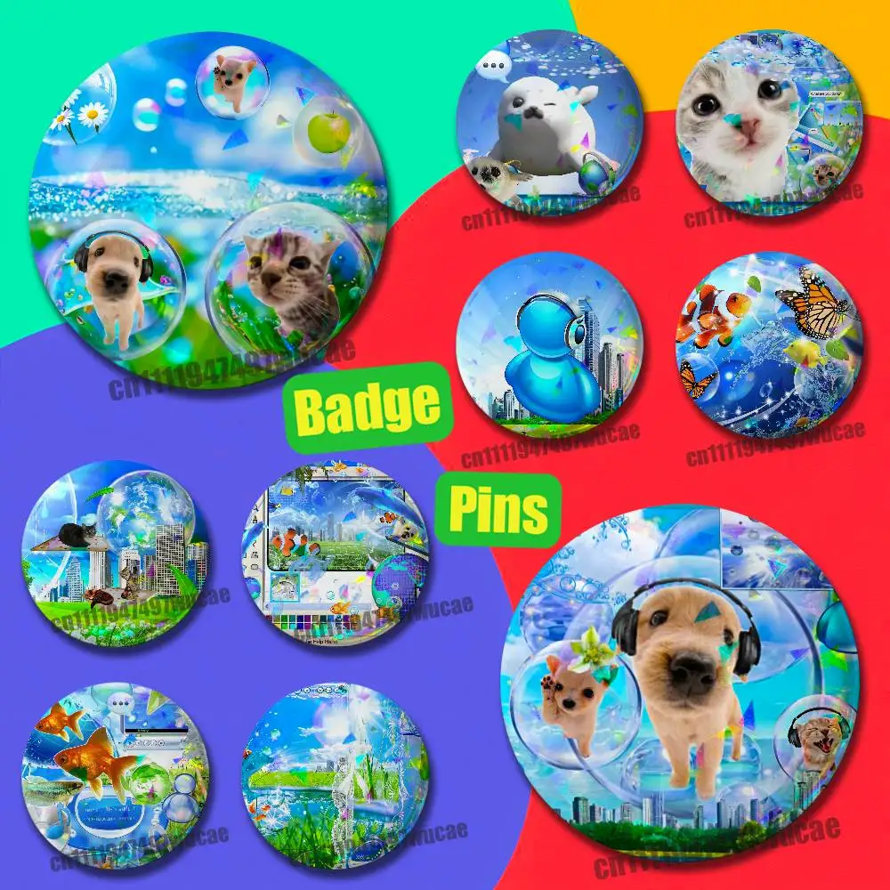 For Frutiger Aero Cat Dog Seal FISH Badge Case Custom Pin Insignia Emblem Round Clothes Brooch Button Laser Cover