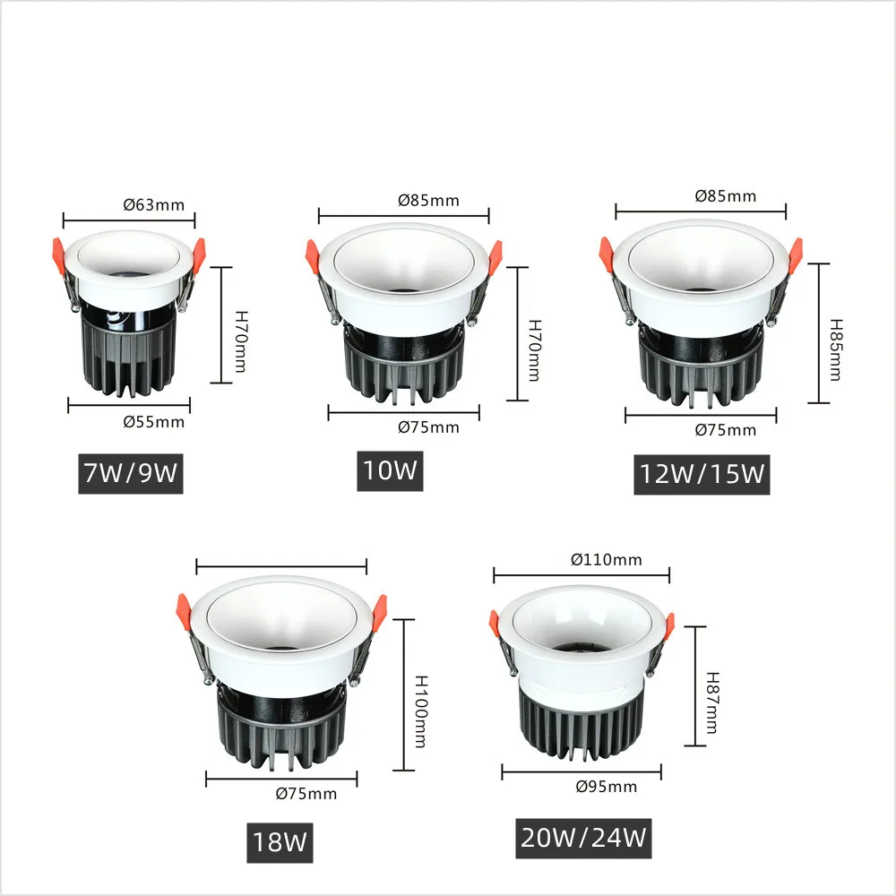 Carcasa de aluminio de alta calidad para empotrar en el techo, luz descendente LED para iluminación comercial del hogar, SMD, 7W, 9W, 10W, 12W, 15W, 18W, 20W, 24W