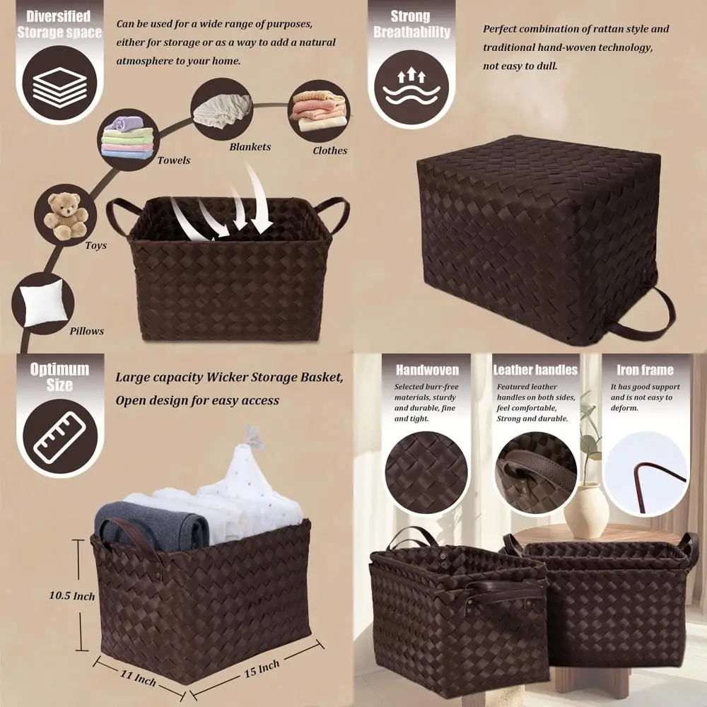 

Большие плетеные корзины для белья эспрессо, упаковка из 4 предметов для хранения корзин, полок, одеял, шкафов, спален, ванных комнат и автомобилей