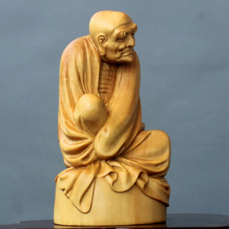 ZY008ca: 9.5x 5.1 x 4.7 Boxwood Figurine Carving: Damo Monk Thinking