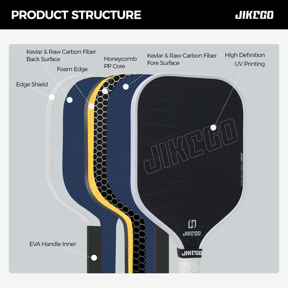 Jikego kevlar t700 fibra de carbono cru pickleball borda de espuma termoformada 16mm 5.9 polegadas bolas de picles alongadas raquete rotação unibody