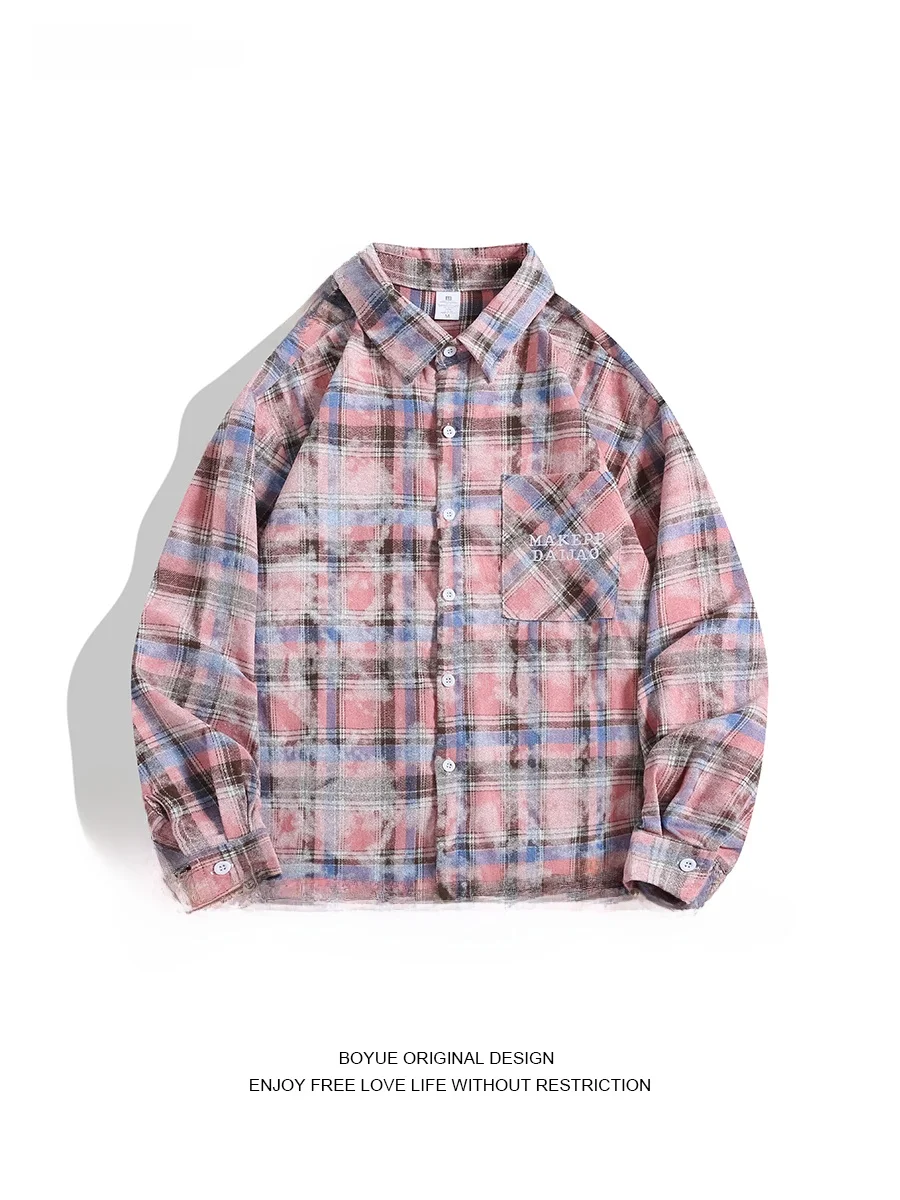 

Boyue Japanese Sle Plaid Long Sve irt Men's Casual Tie Dye Jeans Hole Break Youth Faion oulder Drop Cuff irt