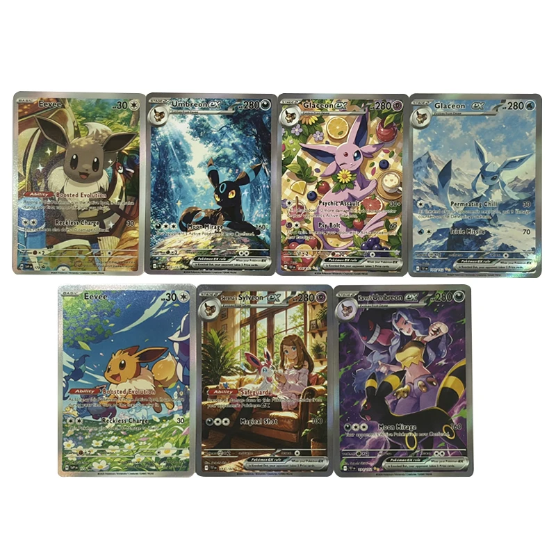 7pcs/set Pocket Monster Homemade English Version Eevee Series Card Oblique Flash Vaporeon Umbrion Glaceon Collection Card Gift