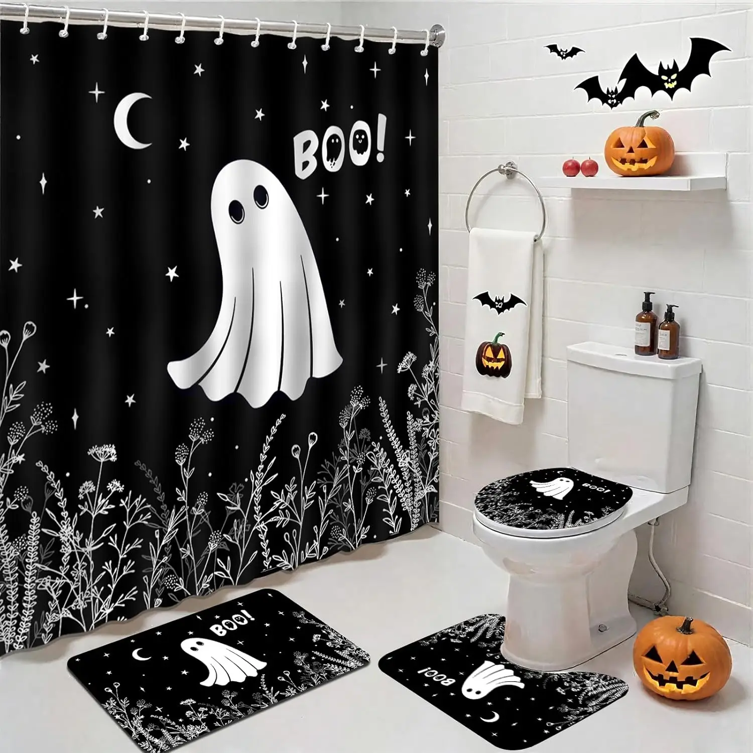 

4 шт., набор занавесок для душа на Хэллоуин, черный набор занавесок для душа с жутким призраком и противоскользящей моющейся ванной с призраком для ванной комнаты