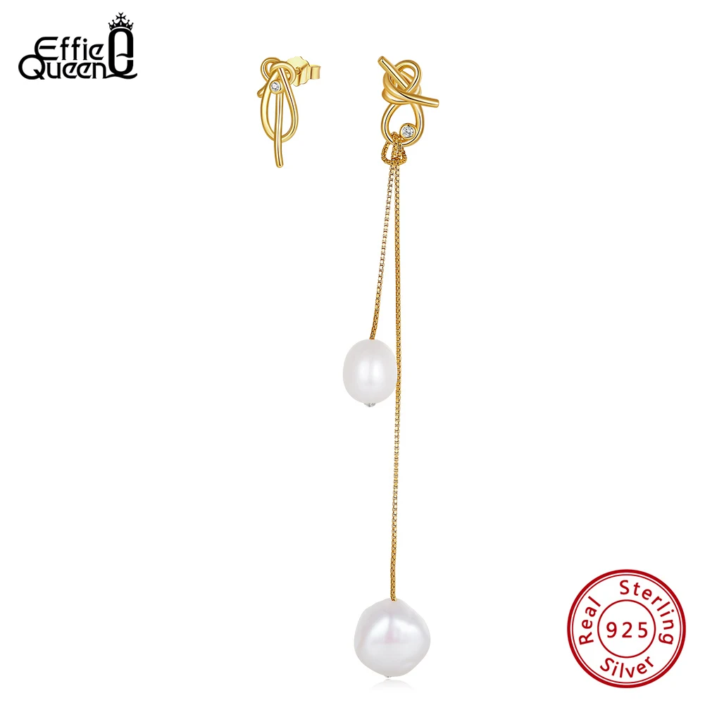 

Effie Queen 925 Sterling Silver Long Chain Earrings with Freshwater Pearl Elegant Women's Tassel Earrings Wedding Jewelry GPE85