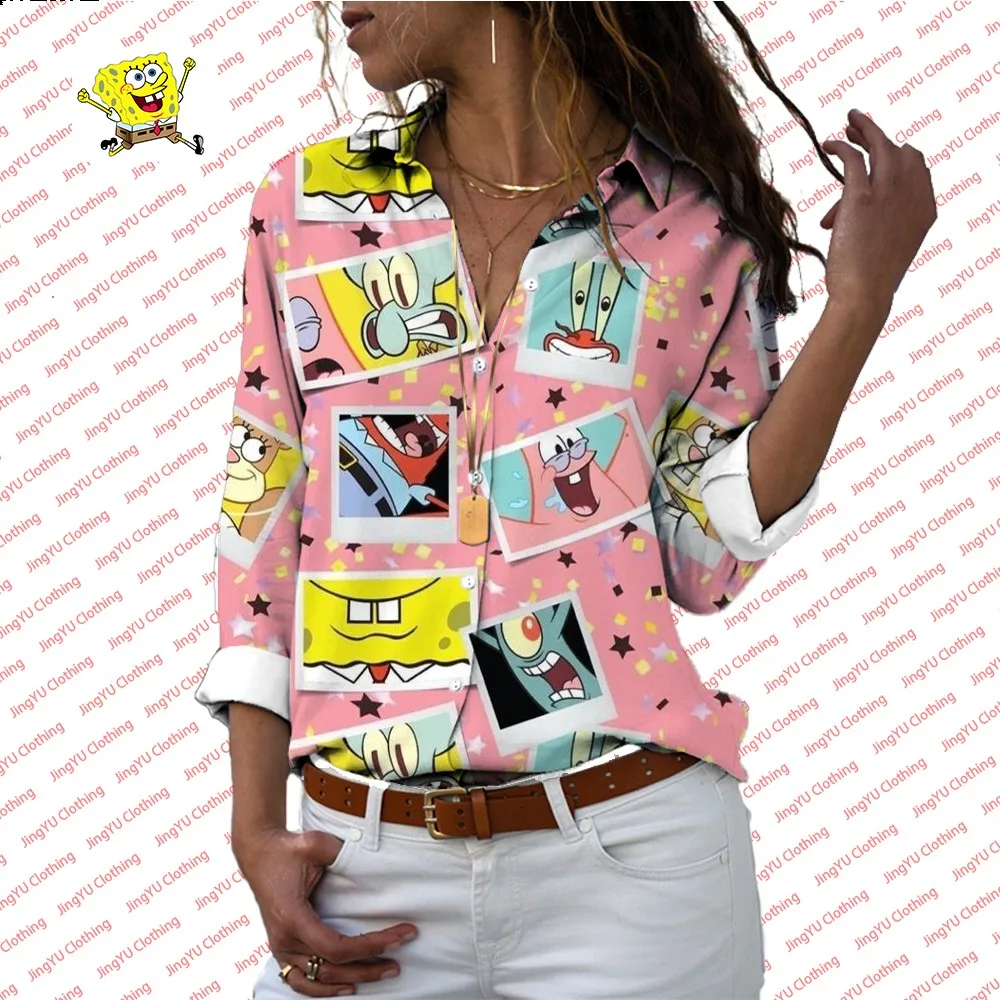 2024 Fashion New Lapel Long Sleeve Single Breasted Shirt Spongebob Pattern Printed Women\'s Casual All-match Shirt y2k