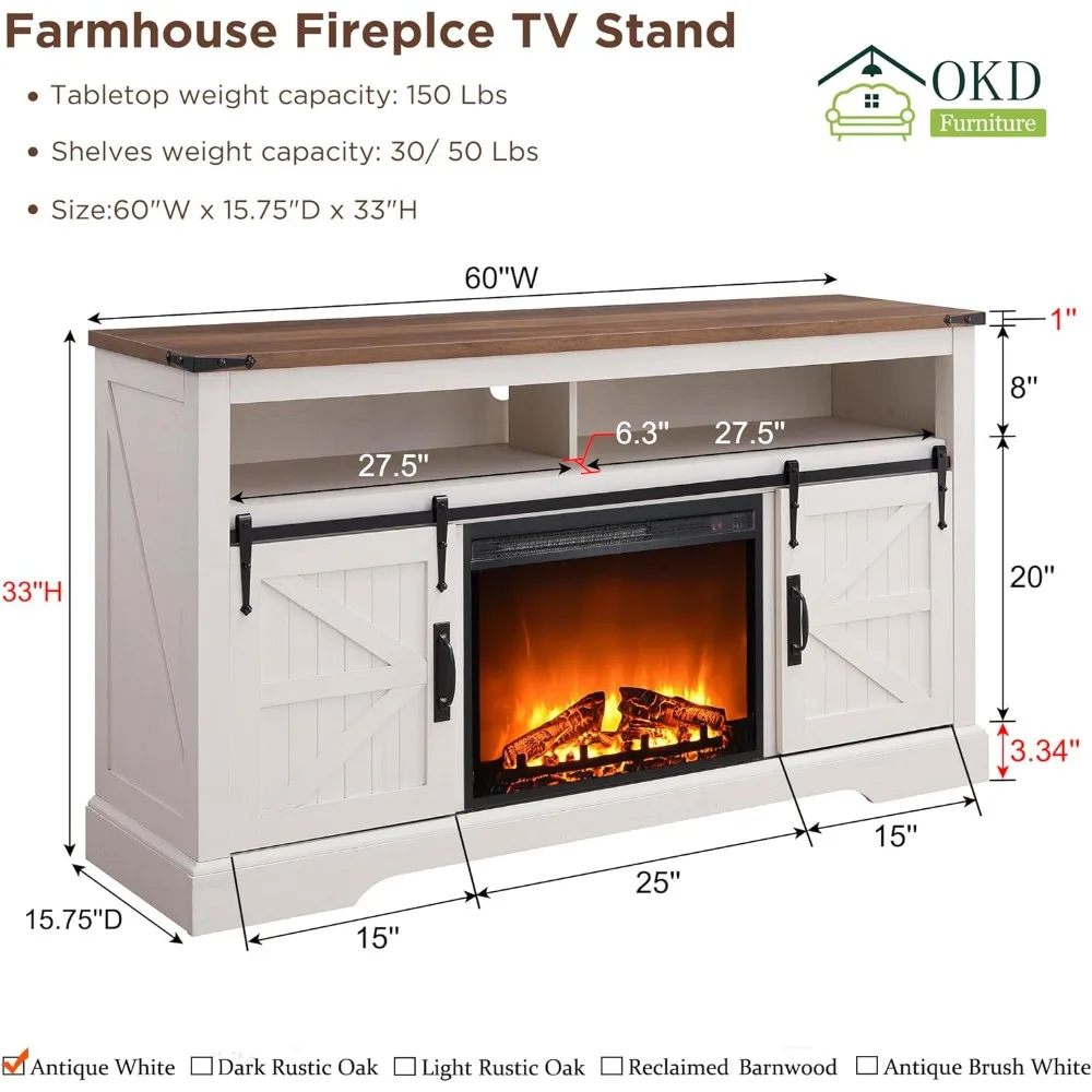 Fireplace TV Stand for Television Up To 65+ Inch Fireplace TV Stand with Storage and Farmhouse Sliding Barn Doors