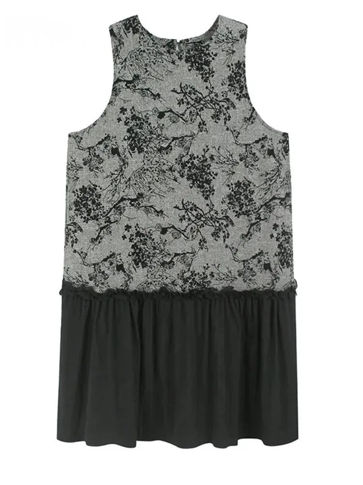 

Women Gray Printed Vintage Hem Pleated Big Size Vest Dress New Round Neck Sleeveless Fashion Spring Autumn